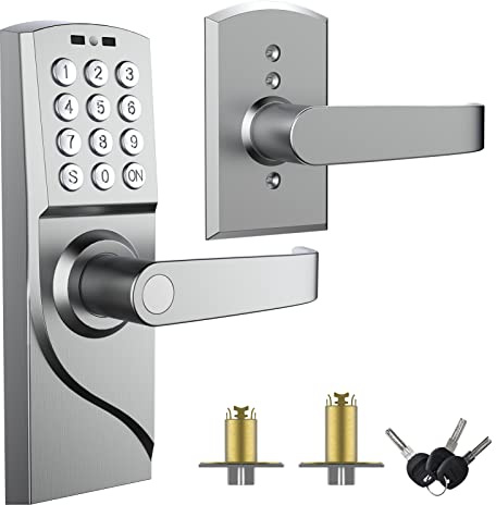 Pionevox Keyless Entry Keypad Door Lock with Handle-Digital Smartcode for Front Door, Commercial Keyless Entry with Handle for Bedroom, Office, and House Rental, Silvery (Right Hand)