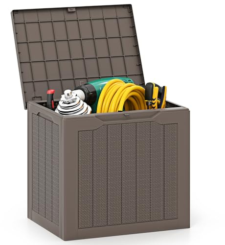 COSTWAY Garden Storage Box, Waterproof Plastic Deck Box with Handles & Lockable Lid, Outdoor Storage Bin Furniture Organizer for Cushion Tool Toy (Wicker-Woven Pattern, 56 x 41 x 50cm, Coffee)