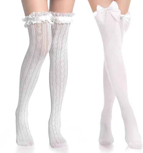 2 Pairs White Thigh High Stockings, White Hold-Up Stockings with White Bows, Satin Bow Over Knee Long Stocking for Women, Anti-Skid Long Sock fit Fashioned Womens Cheerleader, Valentine's Day Favors
