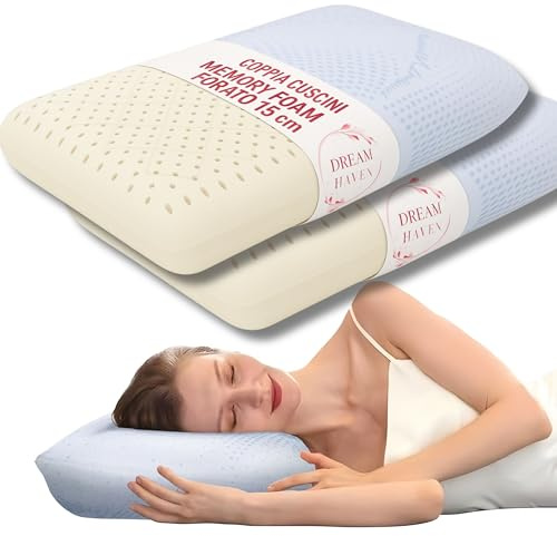 DREAM HAVEN Cuscino Alto 15 cm, Cuscino Memory Foam Forato con Federa Ossigeno Traspirante, Antiacaro, Antirughe e Anallergica, Cuscino Letto Ergonomico Made in Italy (2)