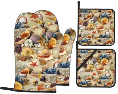 Set di 3 guanti da forno e presine con stampa a tema spiaggia sabbiosa con stella marina, conchiglie e presine, spessi guanti da cucina resistenti al calore per cucinare