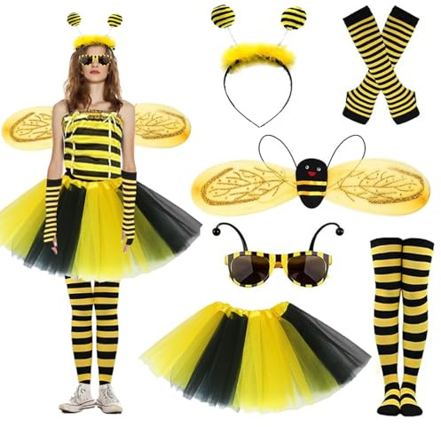 Deguisement Adulte Abeille,8 pièces Deguisement Femme Abeille Tutu avec Serre-tête d'abeille,Aile,Jupe en tulle,Chaussettes Rayées,Gants Longs,Autocollant D'abeille,pour Carnaval Fête Cosplay,Fête