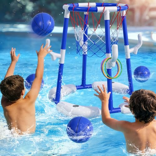 BLmukce Pool Basketballkorb für Kinder 4-8 & 8-12 Jahre – 2-in-1 Schwimmendes & Oberirdisches Wasserspiel mit 4 Bällen, 12 Ringen & Pumpe, Outdoor-Spielzeug für Schwimmbad, Sommerpartys für Erwachsene