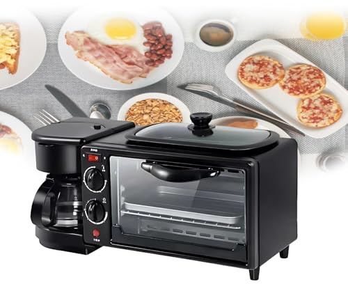 Stazione Colazione 4 in 1 Con Forno 7L, Piastra Grill E Macchina Caffè, Design Salvaspazio per Abitazioni Piccole, Uffici E Camper