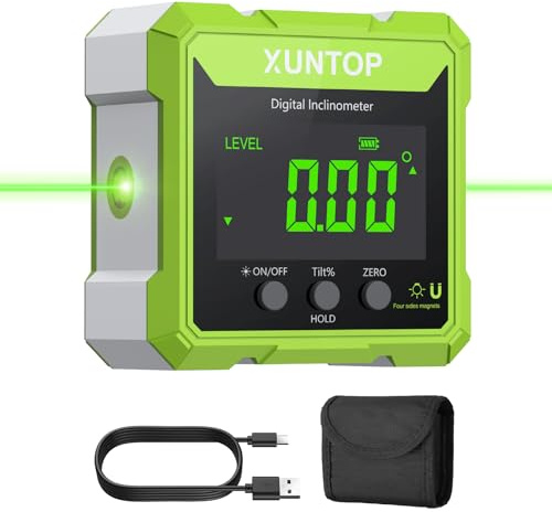XUNTOP 4x90° Digital Angle Finder with Green Laser(Class 2, <1mW Output) 4 Sided Strong Magnetic Digital Angle Gauge Rechargeable IP54 Waterproof Level Box with VA Display for Woodworking Construction