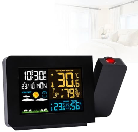 DzkZen Projection Alarm Clock with Outdoor Sensor, Personal Weather Station for Bedroom, Projector Dimmable Clock Dual Alarms LCD