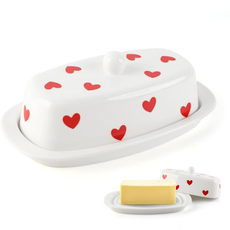 MHwan Butterdose Keramik, geeignet für alle gängigen Buttergrößen (250 g), Spülmaschinenfest, Butterdose Porzellan bewahrt das Aroma von Butter, Käse und käsigem Käse (Stilvolles Herzdesign)