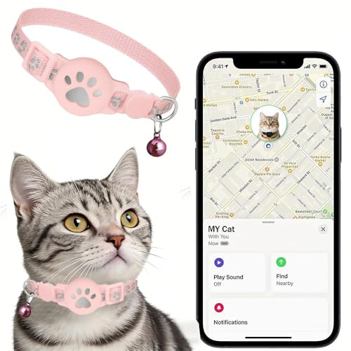 Collier GPS Chat, Traceur GPS Chat Tracker, sans Abonnement Mensuel, Compatible avec Apple Find My (iOS Uniquement), sans Carte SIM (Collier + pisteur Rose)