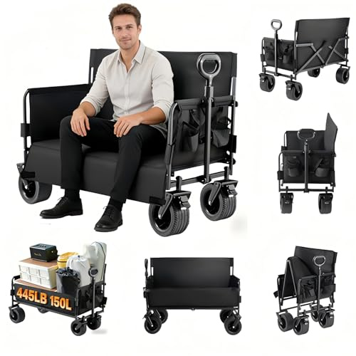 Aveainelle Festival Trolley on Wheels Convert to Bench, Camping Trolley Heavy Duty, Collapsible and Folding Beach Buggy Cart, Utility Grocery Wagon for Shopping, Garden, Sports and Fishing (Black)