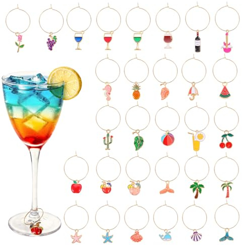 Kynigo 30 Pcs Wine Glass Charms for Stem Glasses, Summer Beach Themed Drink Identifiers, Funny Seaside Wine Charm Rings for Party Decorations