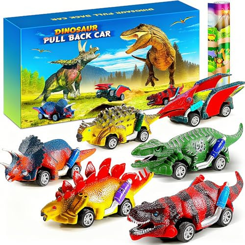 Jojoin Dinosaure Voiture Jouet - 6 Pack Dinosaure Voitures Jouet Friction avec Unique Tapis de Jeu Activité - Cadeaux de Jouets éducatifs pour Enfants Garçon Fille 3 4 5 6 7 8 Ans Pâques (Coloré)