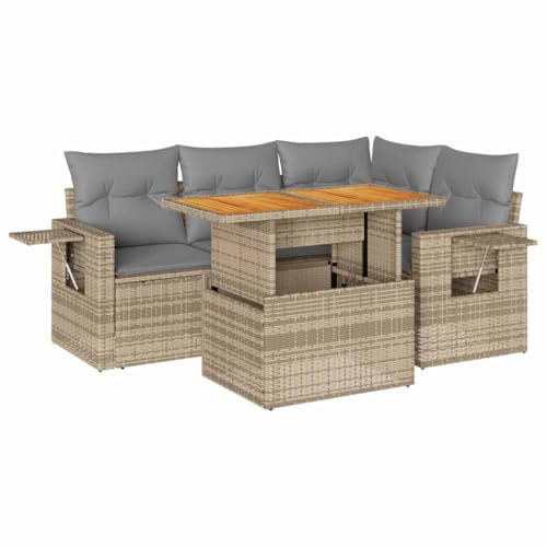 Foknhdi 5-TLG Gartenlounge Beige Akazienholz-Tisch 100 x 55 cm mit höhenverstellbarer Platte, PE-Rattan Sofa Set UV-beständig für Balkon Terrasse und Wintergarten