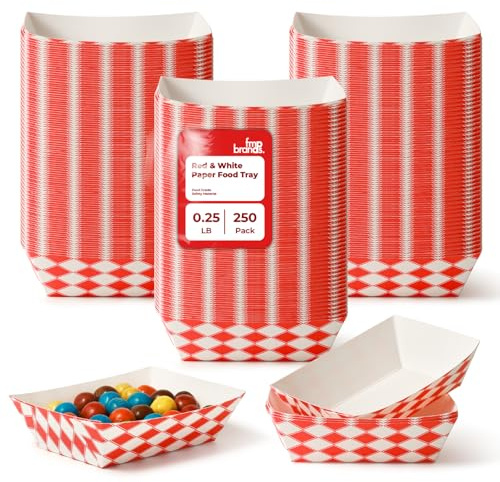 FMP Brands 250 Pack 0.25 lb Paper Food Boats Heavy Duty Disposable Food Trays, Red Check Nacho Tray for Parties Fairs Picnics Carnivals, Holds Ketchup Cheese Sauce Pickles Grease Resistant