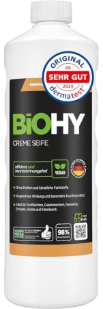 BiOHY Creme Seife (1l Flasche) | Hautschonende, rückfettende & geruchsneutrale Handseife | flüssiger Nachfüllpack mit pflanzlichen Inhaltsstoffen | auch für das Gesicht geeignet