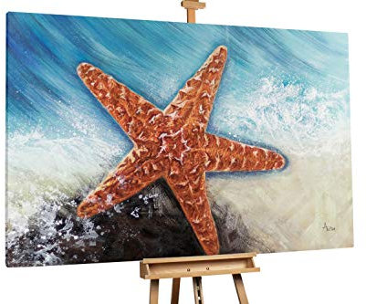 KunstLoft® XXL Gemälde 'Seestern am Meer' 180x120cm | original handgemalte Bilder | Meer Orange Blau | Leinwand-Bild Ölgemälde einteilig groß | Modernes Kunst Ölbild