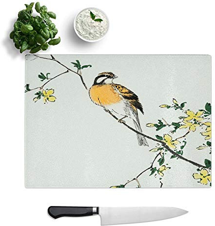 Glass Chopping Board - Meadow Bunting Bird and Yellow Flowers by Numata Kashu - Textured Worktop Saver Cutting Board - Heat Resistant, Shatterproof and Hygenic - 28.5 x 20 cm
