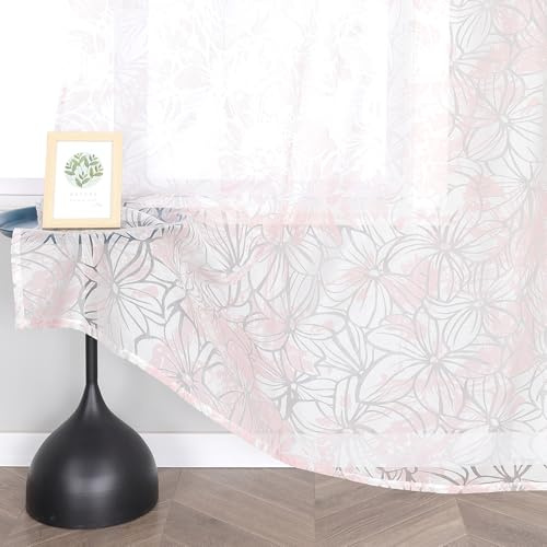 Delien Voile Ausbrenner Gardine mit Blumen Muster B140 x H145 cm, Weiß | 1 Stück,Mit Schlaufen,Transparenter Vorhang,Wohnzimmer Gardinenschals,Leicht,Luftig,Tür Fenster Dekochals,Modern Stores