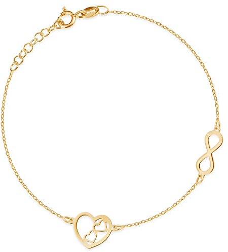 Maverton Infinity Damen Armband Gold mit Herzen + personalisierte Geschenkbox mit Gravur - Herz Armband mit Unendlichkeitszeichen für Frauen - Länge: 16-19 cm - 8 Karat