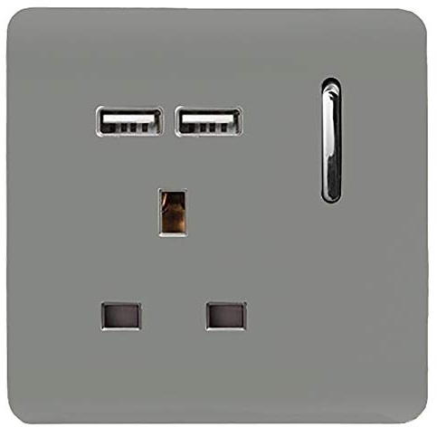 Trendi 1 Gang Single Switched Screwless Artistic Modern Glossy 13 Amp 2x Type A 2.1A USB Charging Port 13A Wall Outlet Plug Socket in Light Grey - ART-SKT13USBLG