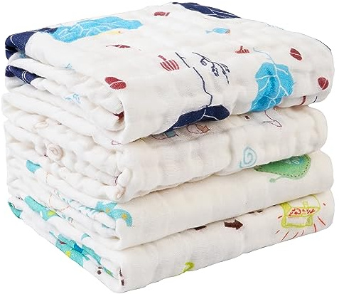 Viviland Baby Muslin Burp Cloths, 100% Cotton Super Absorbent Washcloths for Baby Girl and Boy, 10 x 20 inches 6-Layer Baby Bath Towels, Elephant & Whale Pattern 4 Pack