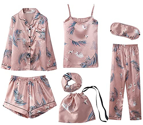 Jamron Donna 7PCS Raso Set Pigiama Primavera Estate Autunno Top & Pantaloni Indumenti da Notte SN07655 Gru M