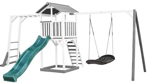 AXI Beach Tower Spielturm aus Holz in Weiß & Grau | Spielhaus für Kinder mit grüner Rutsche, Klettergerüst, Nestschaukel und Sandkasten | Stelzenhaus für den Garten