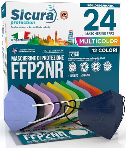24 Mascherine FFP2 certificate CE colorate Made in Italy BFE ≥99% | Mix 12 Colori - Blu, Arancioni, Rosse, Nere, Azzurre, Verdi, Verdi Mela, Gialle, Tortora, Viola, Rosa, Lavanda