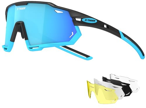 X-TIGER Fahrradbrille Polarisiert Sonnenbrille mit 5 wechselgläser TR90 Rahmen für Herren Damen Sport Radfahren MTB Radbrille UV400 Skifahren Fahren Angeln Baseball Laufen Sportbrille