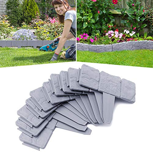 YARDIN Beeteinfassung Rasenkante Stein Rasenkante Kunststoff PP-Beetbegrenzung Beetumrandungen für Garten Wiese LxH 25x23cm 80-teilige / 20M Grau