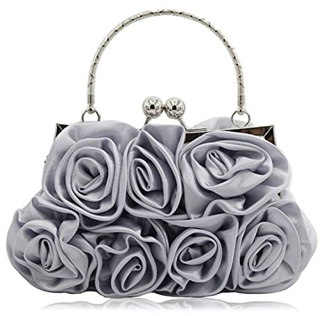 JAMBHALA Women Evening Clutch Bag Dressy Floral Satin Small Purses with Detachable Strap for Party, Prom, Formal,Silver