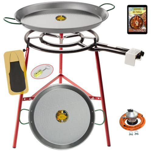 COMBOI - Paella-Set, Butangasbrenner, 50 cm, Paella-Pfannen 60 cm und 42 cm, Gasregler, Schlauch, verstärktes Dreibein, Schürze und Rezepte.