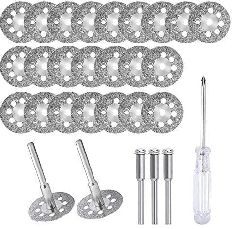 Diamond Cutting Discs(22mm),25PCS Mini Diamond Cutting Wheel Kit with 5pcs 3mm Mandrels and 1pc Screwdriver for Gemstones Glass, Disks, Wood Stone,Cutting Discs for Rotary Tool Accessories