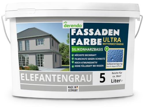 derendo Silikonharz Fassadenfarbe grau ULTRA Wetterschutz, 5l, Abperleffekt wie beim Lotus Blatt, inkl. Schutz vor Verunreinigungen durch die hochwertige Silikonharz-Beschichtung (Elefantengrau)