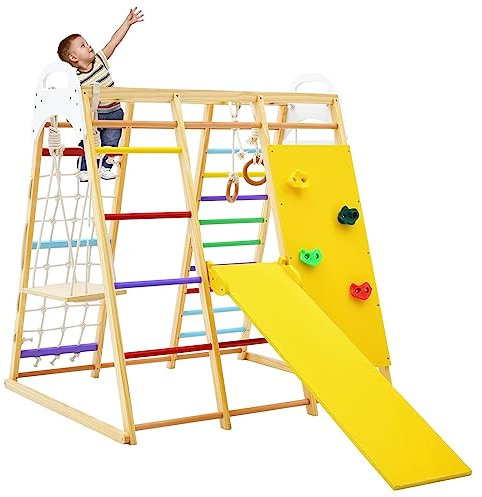 Maxmass Wooden 8-in-1 Kids Climbing Frame, 8-in-1 Climber Playground with Slide, Monkey Bars, Gymnastics Rings, Rope Ladder and Swing, Multifunctional Jungle Gym Playset for Indoor