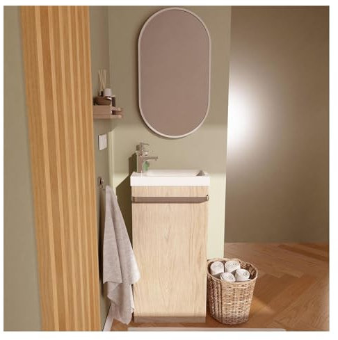 MOB-IN Meuble Lave-Mains sur Pieds Johann décor chêne + Vasque + Robinet + Miroir