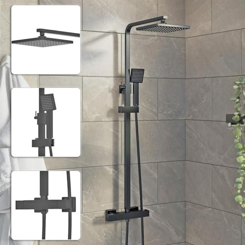 BAYSTONE® Bathroom Thermostatic Mixer Shower Square Rainfall Drencher Head Handset Adjustable Riser Rail & Exposed Bar Valve Wall Mounted, Black