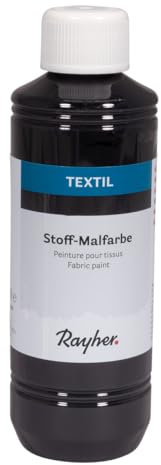 Rayher Textil Stoffmalfarbe, schwarz, Flasche 250 ml, cremige, leuchtende Acrylfarbe speziell für helle Textilien, hochdeckend, waschbeständig ohne Thermofixierung, 35065576