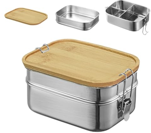 Jauhmui Edelstahl Bento Lunchbox mit Holzdeckel zweietagige Essensbox für Schule(3 Fächern)