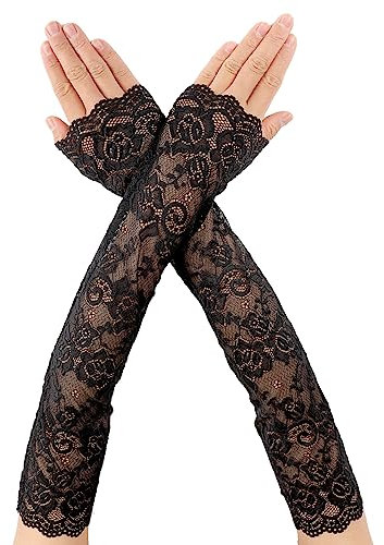 Hochzeit Brauthandschuhe Lange Fingerlose Spitzenhandschuhe für Damen Ellenbogenlänge Florale Spitzen Handschuhe Braut Blumenhandschuhe für 1980er Party Teeparty Kleidungszubehör (Schwarz)