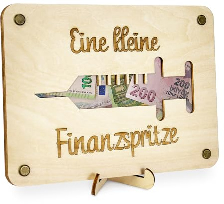 TAKULA Finanzspritze Spardose 20x15cm Holz Geldgeschenk Mann Aufbewahrung | Spritzenförmige Holzspardose mit Geldfach und Münzschlitz.Als originelles Geldgeschenk für Männer geeignet.Hochwertiges Holz