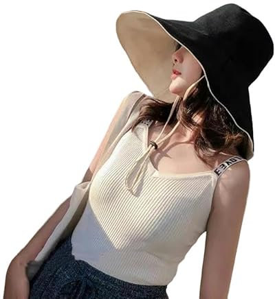 YJHLY Sonnenhut Damen Breiter Krempe Sonne Hut Frauen Anti-Uv-Schutz Wanderfischermütze Falten Sie Sommer Mit Atmungsaktivem Strand Von Baumwollhut.-Schwarz-(55-60 cm)