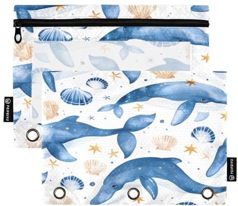 Mnsruu Blaue Wale mit Muscheln, 3 Ringbuch-Bleistifttaschen mit Reißverschluss, transparentes Fenster, Schreibwaren-Tasche zur Aufbewahrung von Schul- und Bürobedarf, 2 Stück, mehrfarbig,