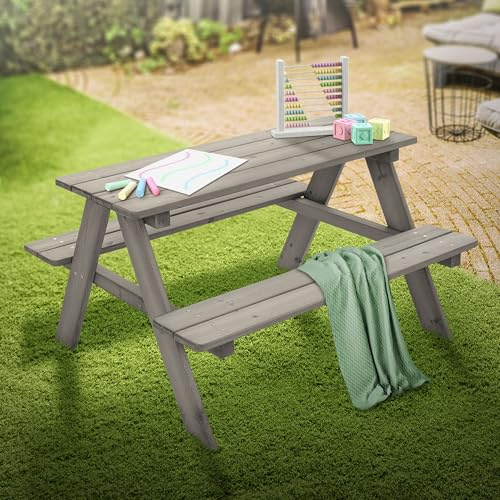 ML-Design Set di Sedute da Esterno per Bambini Grigio in Legno Massiccio Set con 2 Panche e Tavolo da Picnic da Giardino con 4 Sedute Mobili con 2 Panche Incorporate per Bambini da Gioco