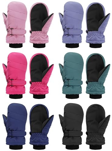 Newcotte 6 Pairs Winter Ski Mittens Kids Waterproof Warm Snow Gloves for Boys Girls Cold Weather Outdoor Activities(Purple, Green, Pink, Navy Blue, Rose Red, Black,3-5 Years)