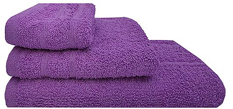 Acomoda Textil – Juego 3 Toallas de Baño 100 Algodón. Pack 3 Toalla Rizo con Cenefa 450 gr/m2, Toallas de Ducha, Lavado y Bidet Absorbente y Suave Pasa Aseo y Gimnasio. (Morado)