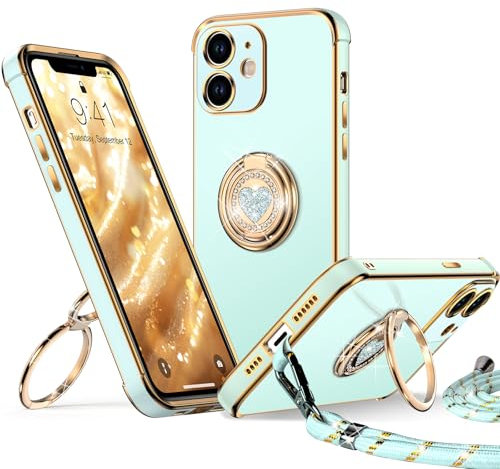 XYZ for iPhone 12 Case with Stand, Double Ring Holder Case Heart with Lanyard for Girls Women, Luxury Cute Bling Protective Phone Cover for iPhone 12, Green