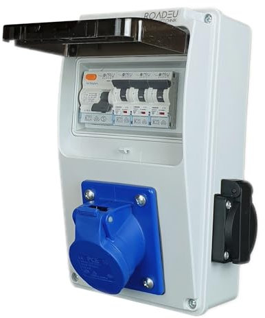 RoadEu - UK Power Distribution Box - 2x 13Amp Socket and CEE 16Amp Socket 3P 230V - Monophase Wall Combination Socket with Circuit Breakers and RCD, Designed for UK Market and Includes 13Amp MCB