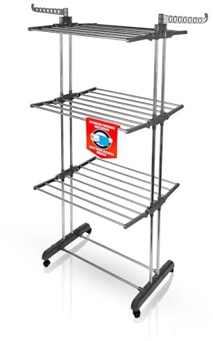 BigDean Wäscheständer Turm 16m Trockenlänge mit 3 Ebenen und 4 Rollen in Grau - Wäscheständer platzsparend für innen & außen