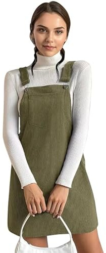 Runstarshow manchesterklänning pinafore overallklänning breda remmar avslappnad miniklänning framficka höst vår kort klänning enfärgad S-XL/UK 8-14, gRÖN, M
