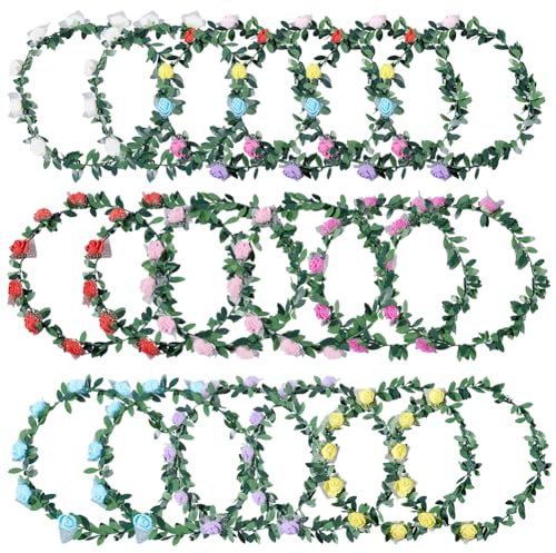 GORGECRAFT 18pz Corona di Fiori di Rosa Multicolore Bohemien Floreale Foglia Ghirlanda Fasce Ghirlanda Copricapo per Musica Festival Celebrazione Spiaggia Matrimonio Festa Accessori Fotografia